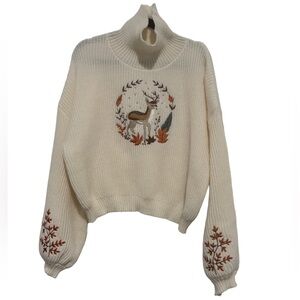 Cream Sweater w/Embroidered Deer Design